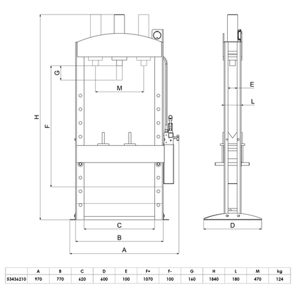 Technical drawing and dimensions of 53436210, 20T hydraulic Press