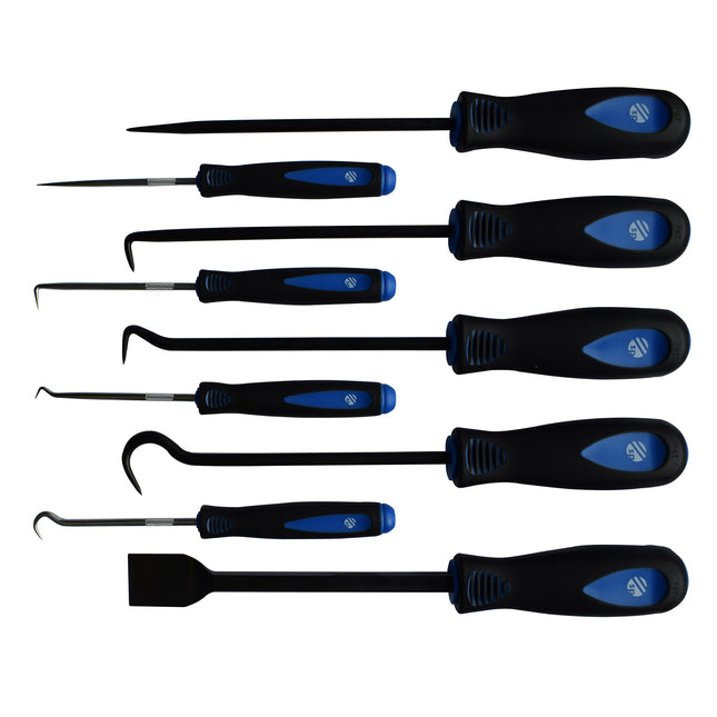 A set of 9 hooks, picks, and a scraper with black and blue handles, displayed on a white background.