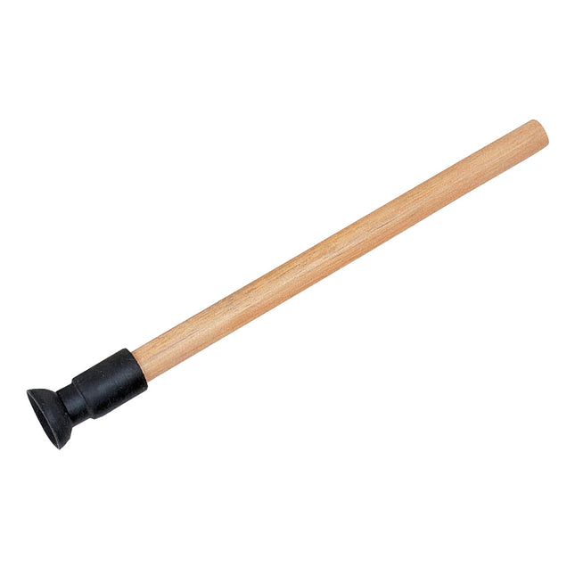 A wooden handled valve grinding stick with a black rubber suction cup.