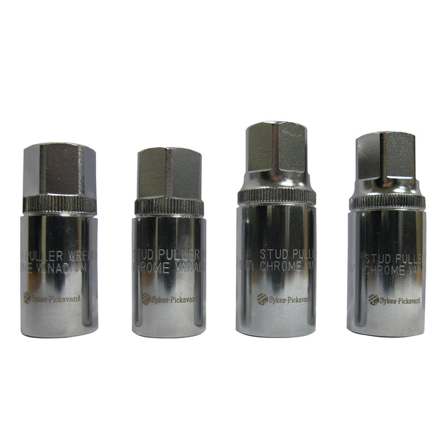 A set of four metal stud extractors in a chrome finish, arranged side by side against a white background.